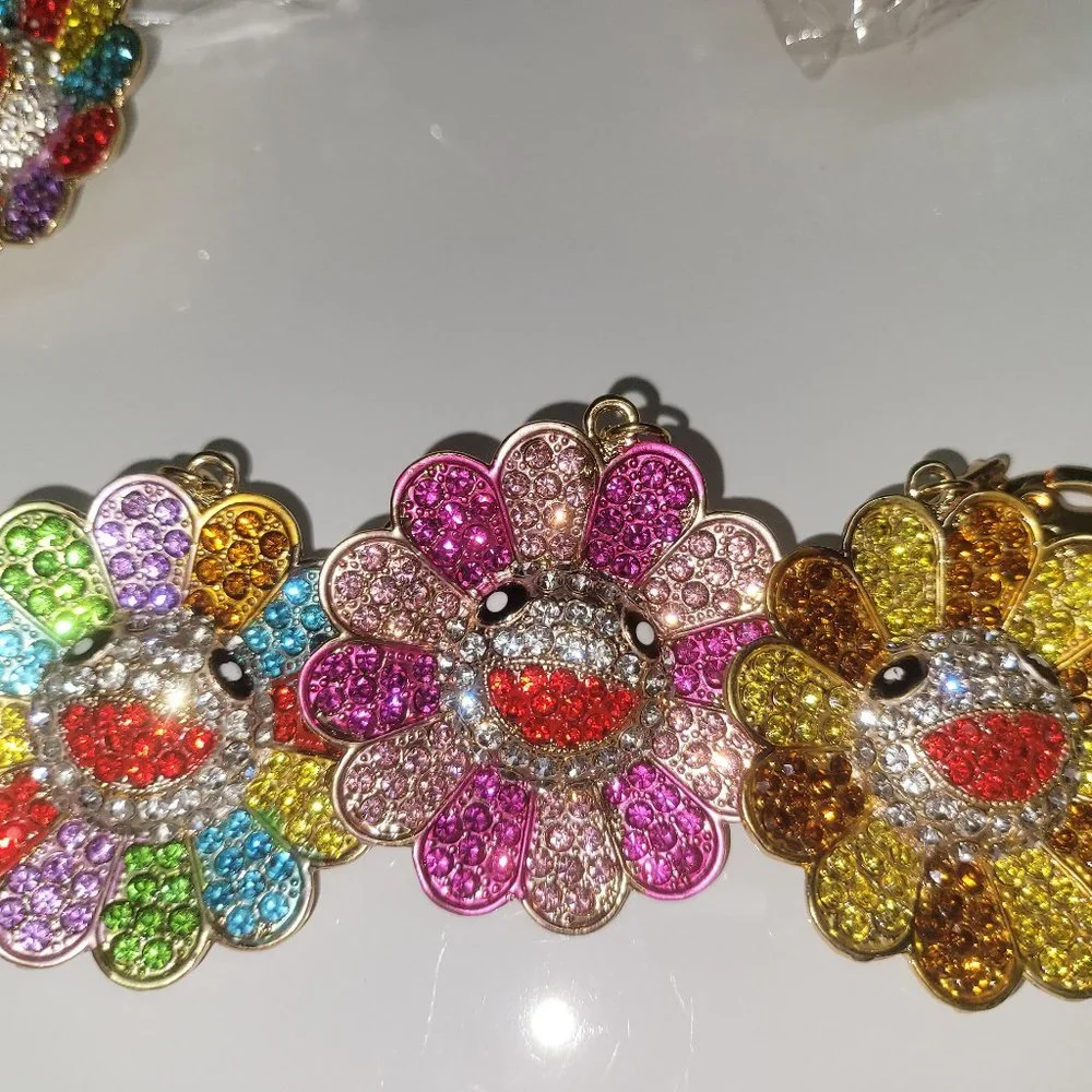 Takashi Murakami Style Rhinestone Flower Keychain/Bag Charm NWT BUNDLE OF 3